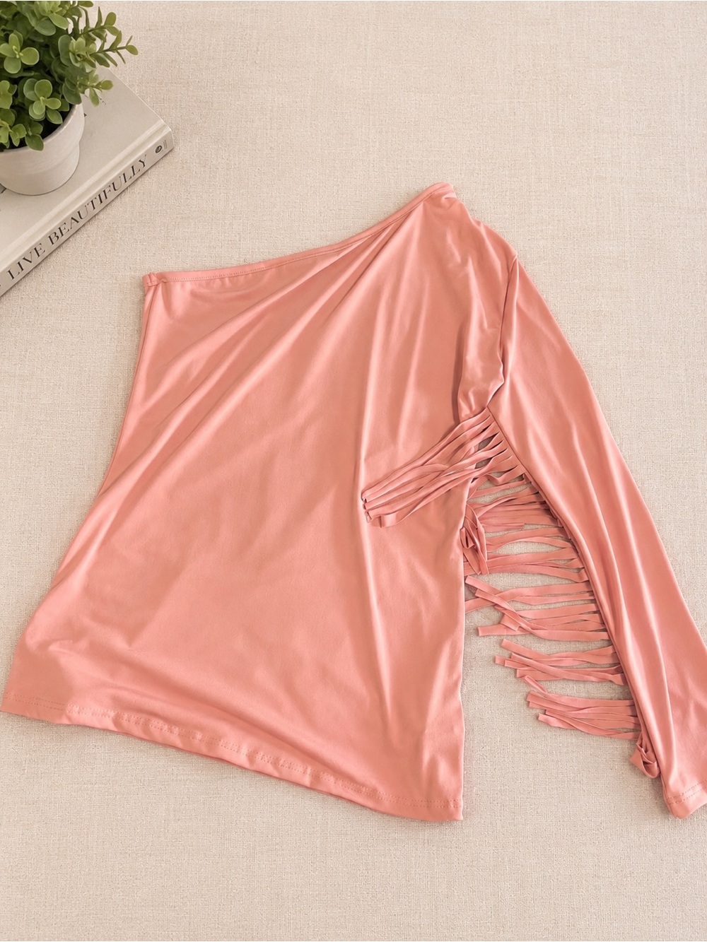 One-Shoulder Pink Blouson with Fringe Sleeve
